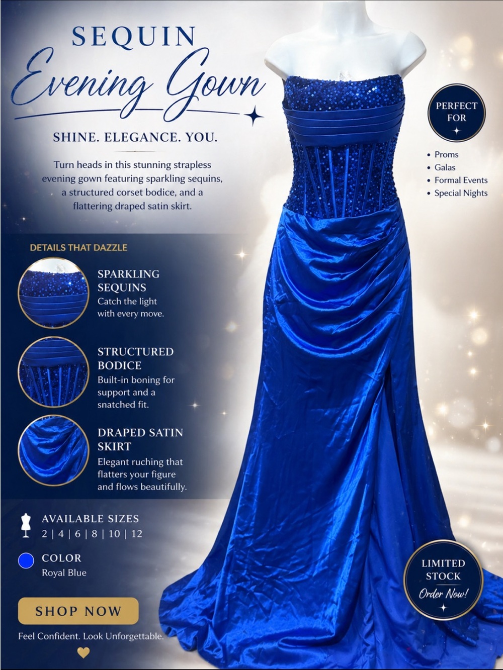 Sequin Strapless Evening Gown - Royal Blue